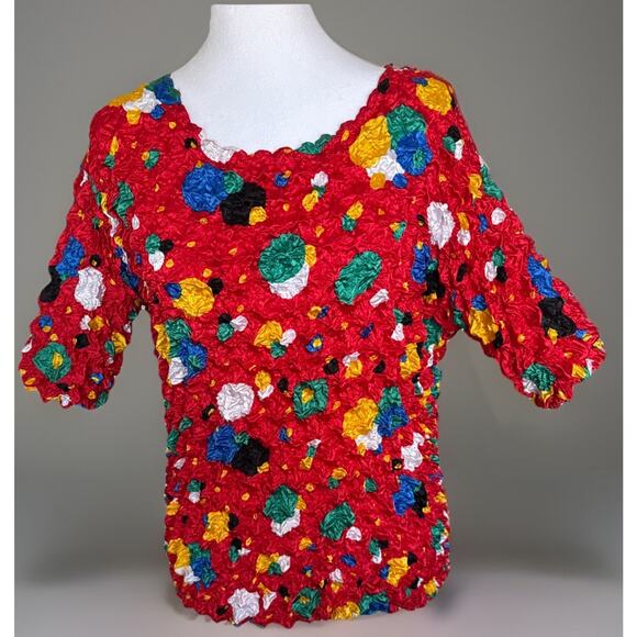 Vtg F C Artsy Crinkle Pleated Stretch Top 3/4 Sleeve One Size Fits Boho Chic - Picture 1 of 2